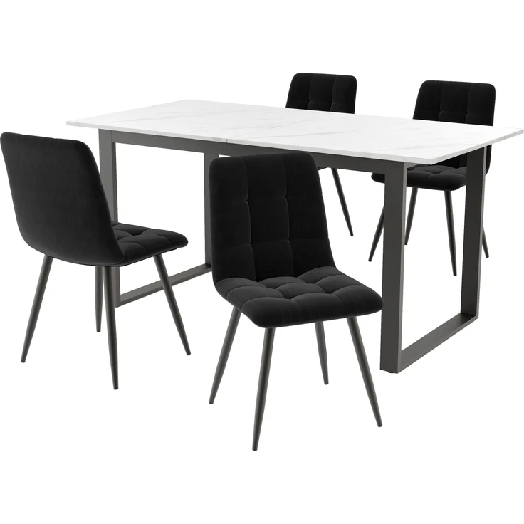 Essgruppe 5-tlg, ausziehbarer Tisch 140-180x80 cm weiß/schwarz, 4 Samtstühle schwarz – Bild 3