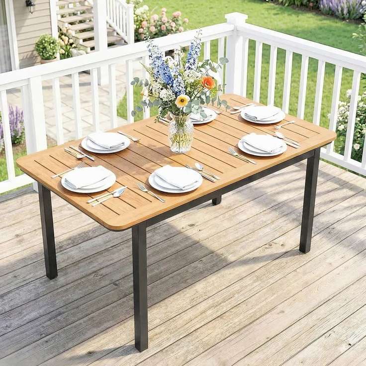 Rechteckiger Gartentisch für 6 Personen aus Verbundholz mit Metallgestell und Lattenplatte, 127 x 70 cm, braun – Bild 3