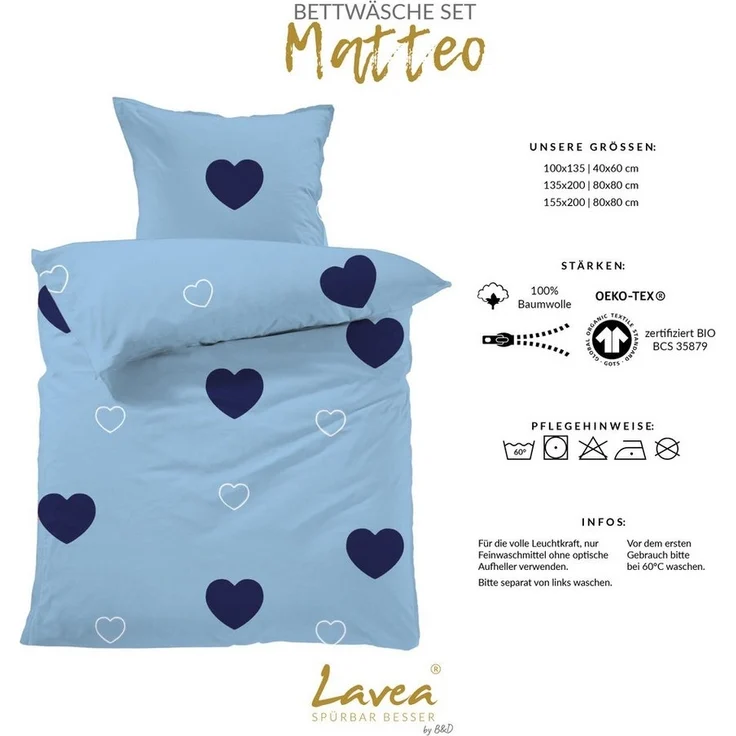 Lavea Kinderbettwäsche Bettwäsche Kinder Herzen Set, mit Reißverschluss, mit Herzmotiv, 100% Baumwolle, 2 teilig, weiche Bezüge für Bettdecke und Kopfkissen – Bild 2