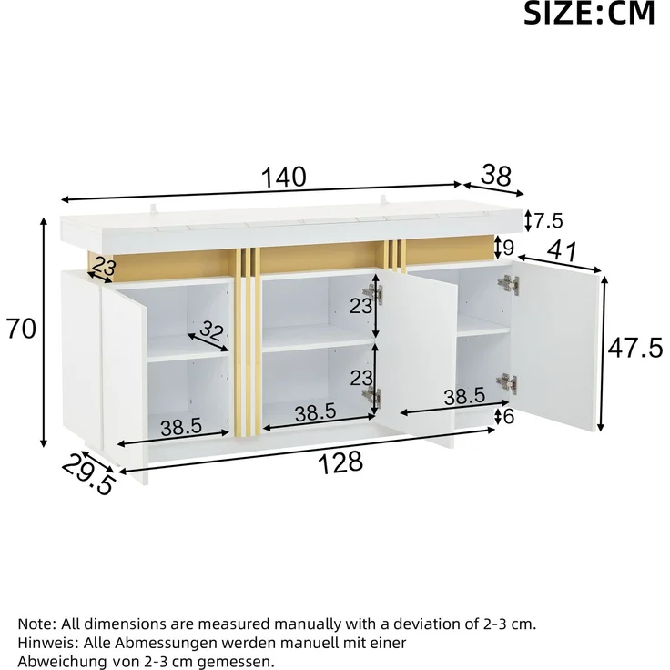 Merax weißes Sideboard, mit 3 Türen, Esszimmerschrank mit verstellbaren Trennwänden, Platin-Nähte – Bild 4