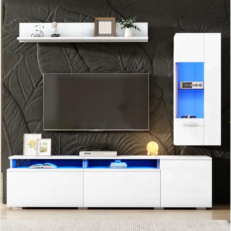 TV-Möbelset mit LED-Beleuchtung, Hochglanzfronten, für TV bis ca. 80 Zoll, 180x40x45 cm, Weiß