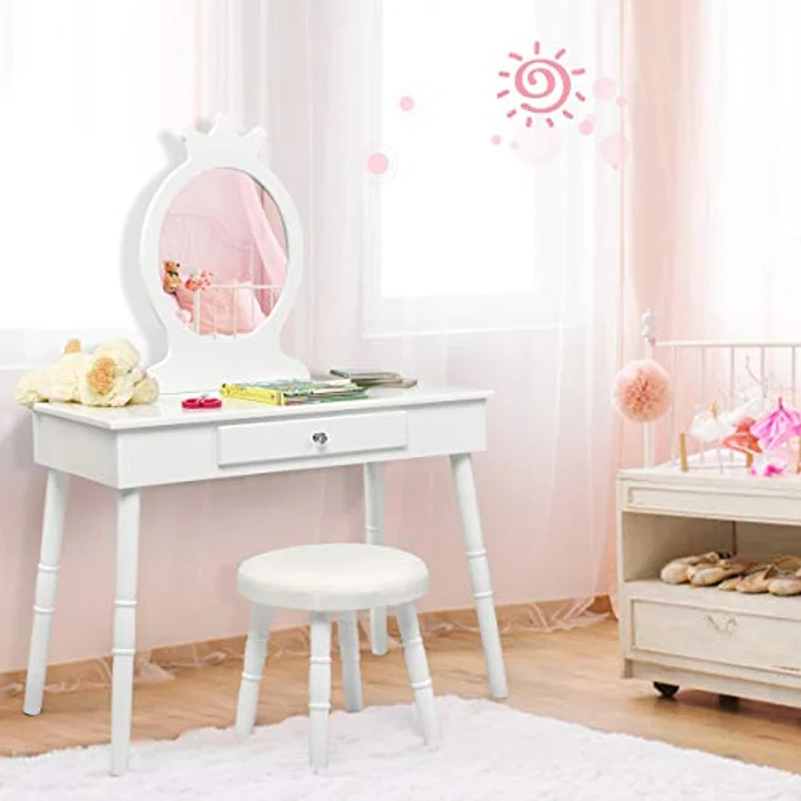 COSTWAY Kinder Schminktisch mit Hocker und abnehmbarem Spiegel, Holz weiß, 34 x 70 x 100 cm – Bild 3