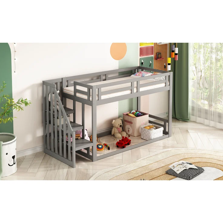 Kinderbett, Niedriges Etagenbett mit Sicherheitstreppe und Lattenrost, Etagenbettgestell aus Massivholz, Grau, 90×200 cm – Bild 1