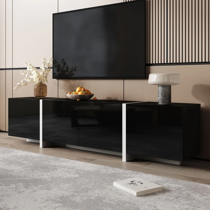 Eleganter TV-Ständer mit hochglänzendem Schwarz und weißen Beinen – 170 x 30 x 39 cm, 170x30x39 cm – Bild 6