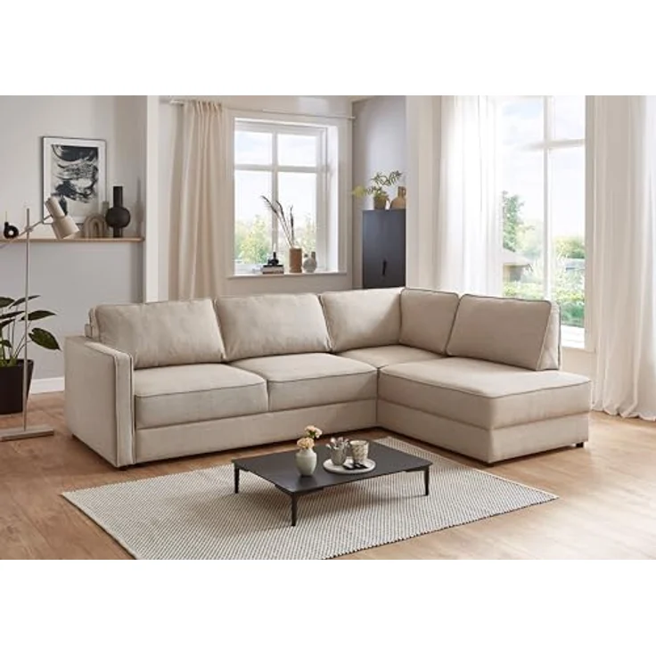 ATLANTIC home collection Eckgarnitur Chill, Schlaffunktion (ca. 135x230 cm), inkl. Bettkasten, frei im Raum stellbar, Wellenunterfederung, Ecke rechts, Creme, BxTxH: 250 x 200 x 86 cm – Bild 3