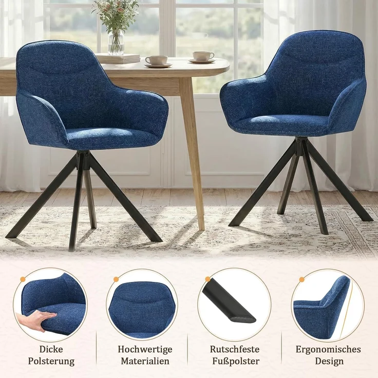 GOEURVANT 1370 Esszimmerstühle 6er-Set mit Armlehnen, 360° Drehbar, Chenille - Blau – Bild 7