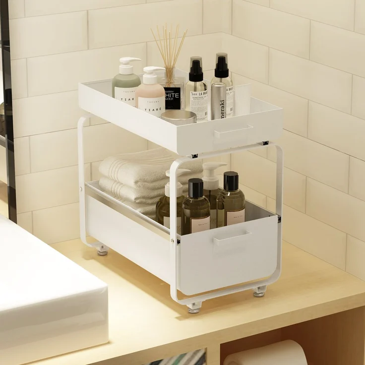 Todeco 2 Ebenen Unter Waschbecken Regal, Herausziehbarer Spülschrankregal, Aufbewahrung von Schubladen, für Badezimmer Küchen, Kohlenstoffstahl (Weiß) – Bild 3