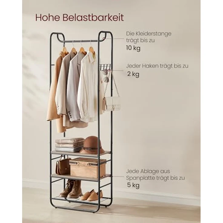 VASAGLE Garderobenständer, Garderobe, Kleiderständer, mit Schuhablage, Schuhregal, Flur, Schlafzimmer, 58 x 28 x 181 cm, skandinavisch, tintenschwarz-kamelbraun HSR081K01 – Bild 4