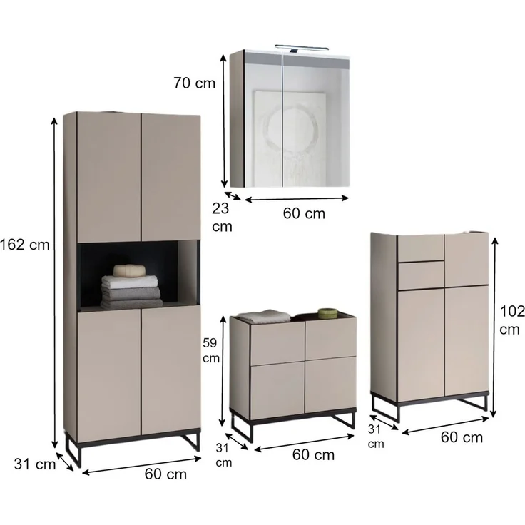 moebel-dich-auf Badmöbel-Set VENEZIA, (inklusive LED-Beleuchtung, kaschmir Spiegelschrank WBU optional mit Hoch-/Highboard), Metall Füße – Bild 3