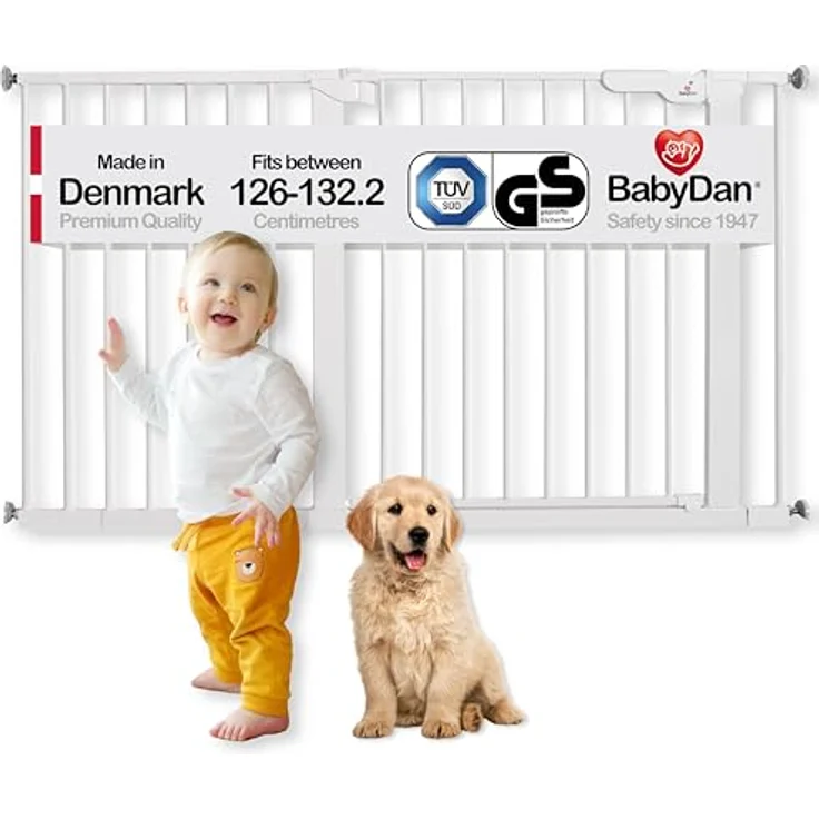 BabyDan Premier, extra breites Treppenschutzgitter mit Druckbefestigung, deckt Öffnungen zwischen 126-132,2 cm ab, Babygitter/Sicherheitsgitter, Metall, weiß, Made in Denmark - – Bild 2