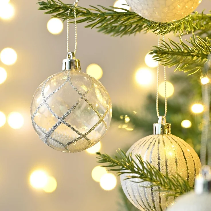 9x 6cm Transparente Christbaumkugeln Silber Weiß inkl. Aufhänger – Bild 4