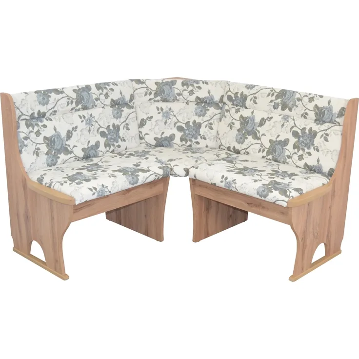 Truheneckbank "Anja 1E" 125x125 cm, Holzdekor Eiche, Stoff beige mit Blumendessin