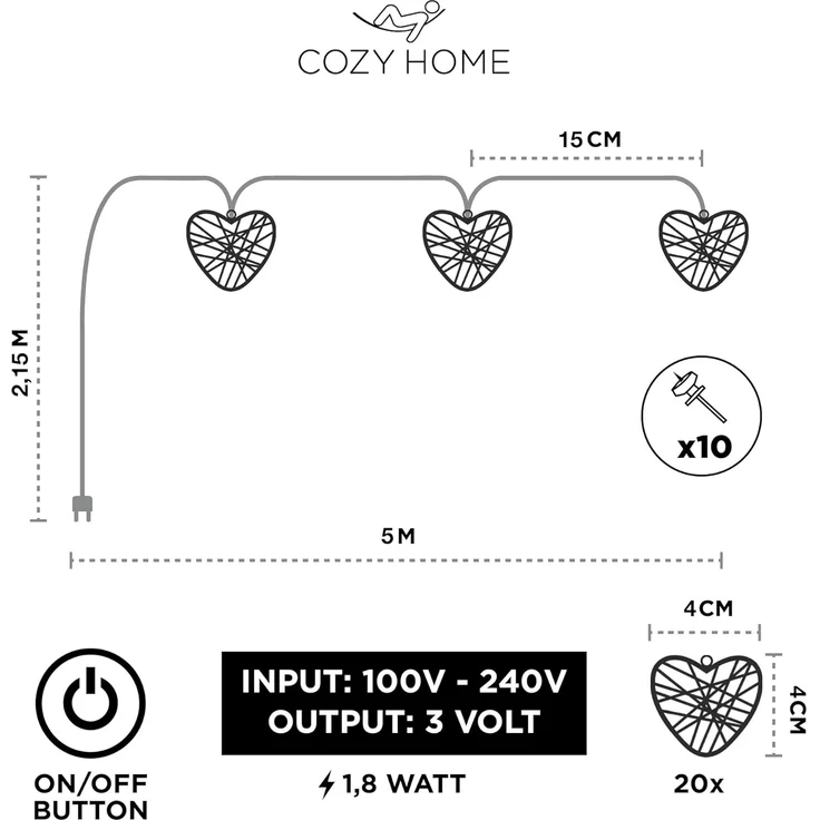 COZY HOME LED-Lichterkette Herz Lichterkette Batterie und Stecker -, 20 LEDs I 5 Meter I Timer-Funktion I Warmweiß I Lichterkette Innen – Bild 4