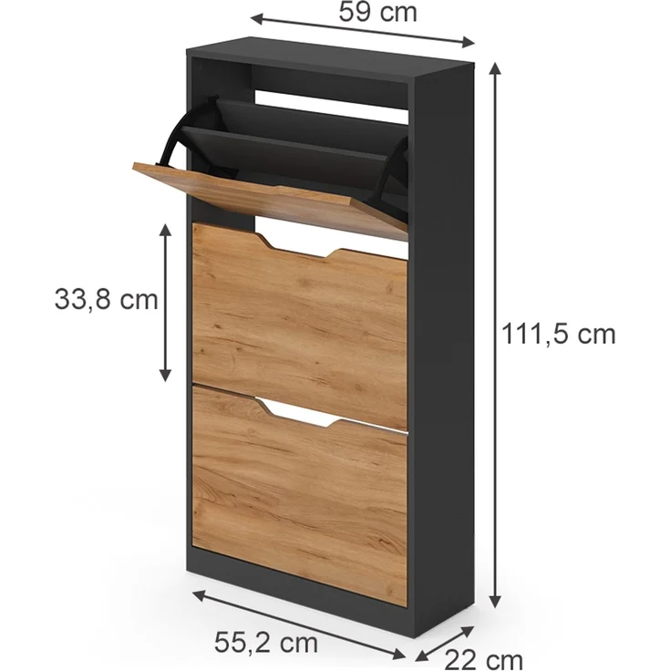 Schuhkipper Luca Anthrazit/Goldkraft Eiche 59 x 111.5 cm mit 3 Kippfächern Vicco – Bild 2