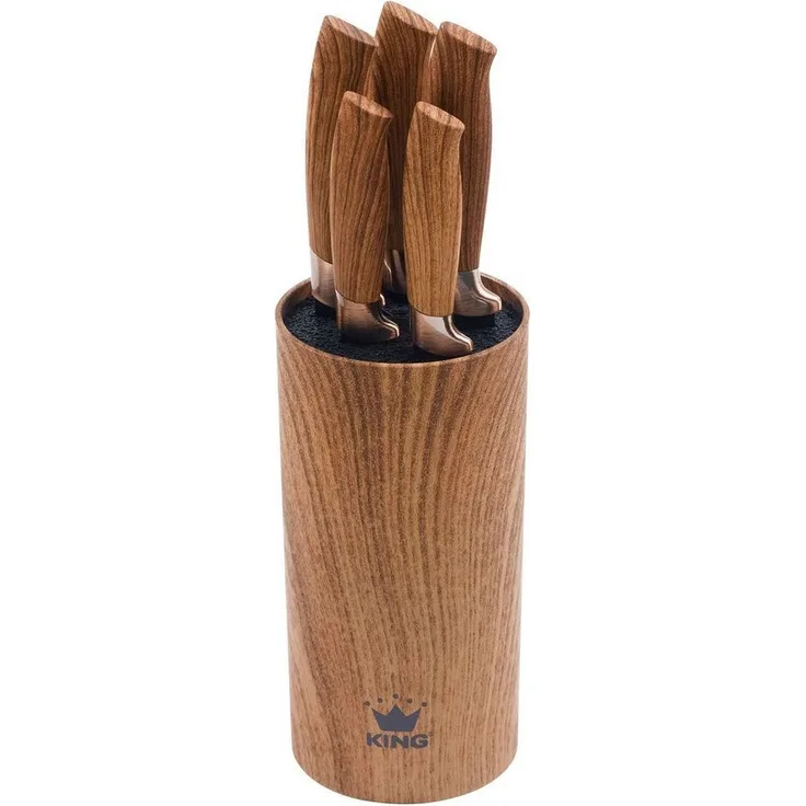 KING Messerblock Essential (6tlg), Messer mit Wellenschliff, Griffe in Holzoptik, (5 Messer+ Messerblock)