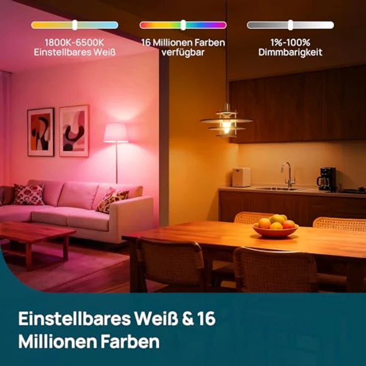 Linkind Matter Smart Alexa Lampe E14 Kerze CRI90+, RGBTW & 16Mio. Farben, 1-100% Dimmbar, Dotis+ AI Technologie, 1800K-6500K, Musik-Sync & Timer, B38/C38, 4.8W, 470LM, 4 Stück – Bild 4