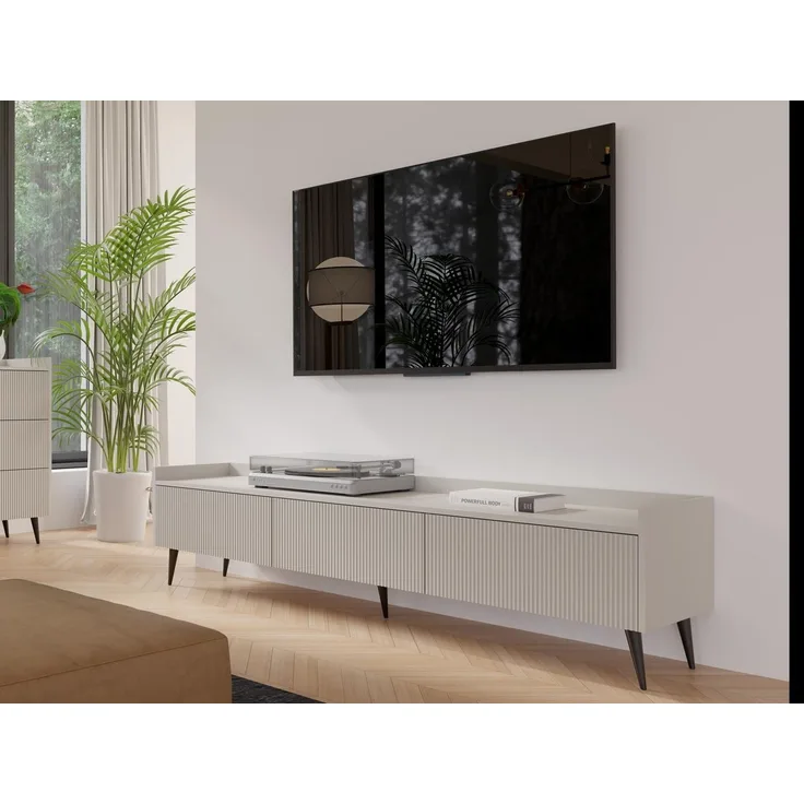 Compleo TV-Schrank dreitürig, Japandi design, Lamellenoptik MODE 180 cm breit