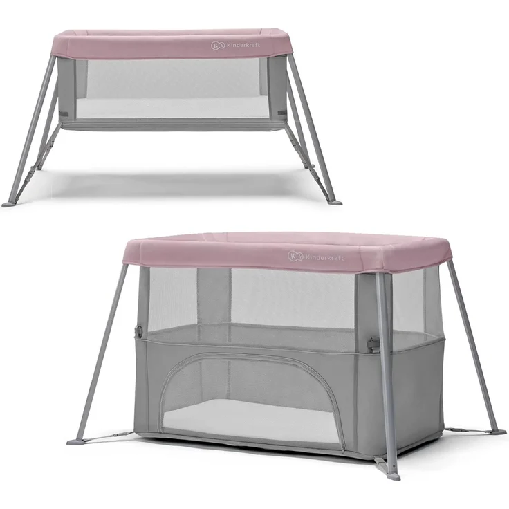 kk Kinderkraft Kinderkraft Reisebett 2 in 1 MOVI, faltbares Kinderbett, Laufgitter, Separater Eingang, 2 Matratzenhöhen, Zusammenklappe, mit Zubehör, Matratze, Tragetasche, Rosa, Stahl, Aluminium – Bild 2