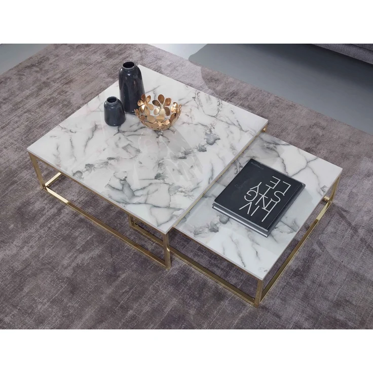 Wohnling Couchtisch 2er Set Weiß Marmoroptik Eckig Metallgestell Gold Modern 75x75x27 cm – Bild 5