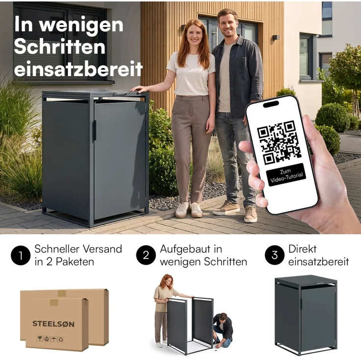 STEELSØN 'Thoria' Mülltonnenbox 1er je 240 Liter, anthrazit, Mülltonnenverkleidung aus Stahl, wetterfest, 116x80x69 cm, Müllbox für 1 Tonne – Bild 9