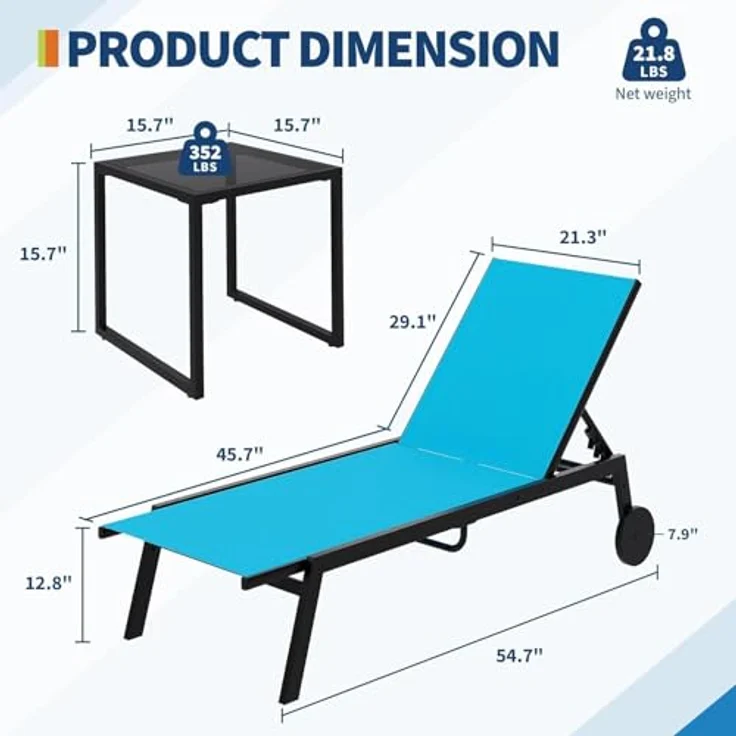 GarveeHome 3-Teiliges Terrassen-Lounge-Set Mit 2 Textilene-Liegen Und 1 Couchtisch, Loungesessel Mit Verstellbarer Rückenlehne Und Rollen, Für Poolbereich Und Terrasse – Bild 3