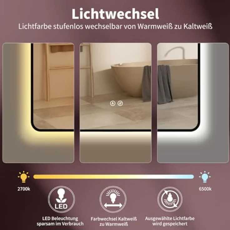 HOKO Antibeschlag LED Badspiegel Kalifornien 50x70 cm/70x50 cm mit schwarzem Metallrahmen, Touch Sensor und stufenlosem Lichtwechsel 2700-6500K – Bild 3