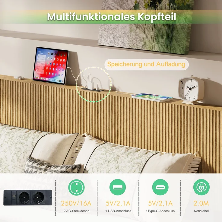 EINHOM Modernes Bett mit Schwebedesign und genuteter Verkleidung, inklusive Kopfteil, ausgestattet mit stimmungsvollen LED-Leuchten und einem stabilen Rahmen aus verstärktem Flacheisen-140 x 200 cm, Natur (Ohne Matratze) – Bild 4
