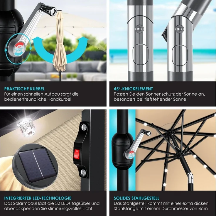 KESSER® Sonnenschirm Balkonschirm LED Solar mit Kurbel Inkl. 2in1 Schutzhülle Transporttasche, Gartenschirm, Schirm für Balkon Garten & Terrasse verstellbar knickbar Beige, Rund – Bild 3