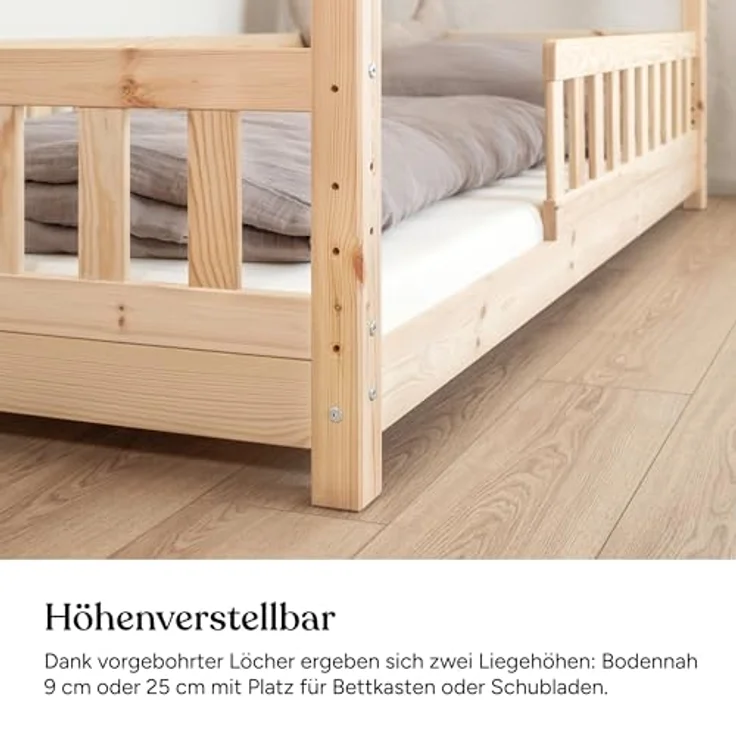 Ehrenkind Hausbett aus nachhaltigem Kiefernholz (mit abnehmbarem Rausfallschutz aus nachhaltigem Holz, Erhältlich in Natur und Weiß Kinderbett 80x160/90x200 cm), höhenverstellbar, nachhaltiges Kiefernholz, hergestellt in Europa – Bild 6