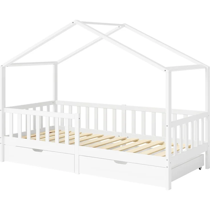 Bellabino 'Bia' Hausbett 90x200 cm mit Matratze und 2 Schubladen, weiß, Kiefer Massivholz, Montessori Kinderbett mit Stauraum, inkl. Rausfallschutz und Lattenrost – Bild 2