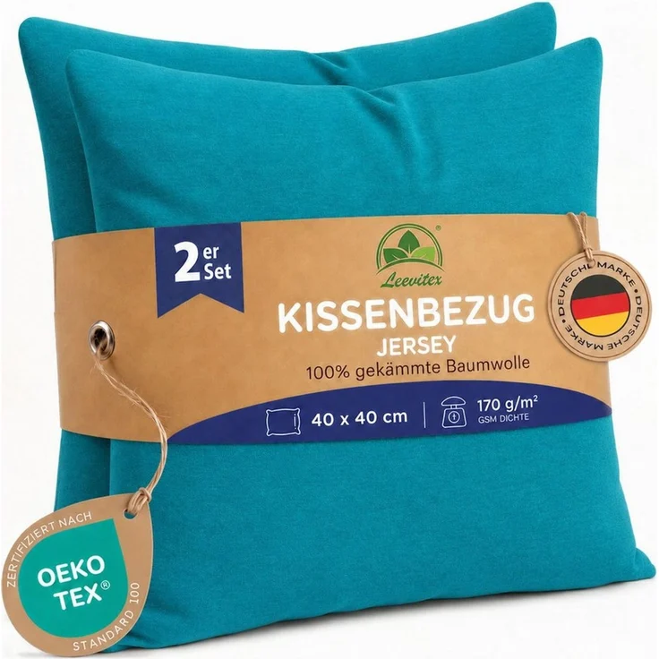 leevitex® Kissenbezüge Kissenbezug 40 x 40 cm, 2er Set, Petrol/Smaragdblau, (2 Stück), feine Jersey-Qualität, 100% Baumwolle, robuster Reißverschluss – Bild 1