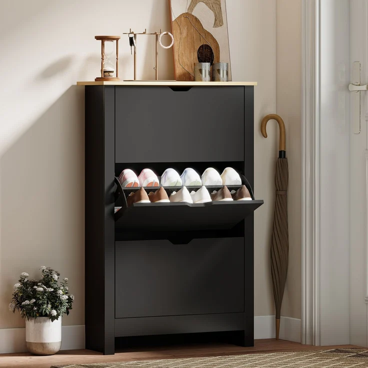 Schuhschrank mit 3 Klapptüren, 2 Fächern, Spanplatten, schwarz-Eiche – Bild 3