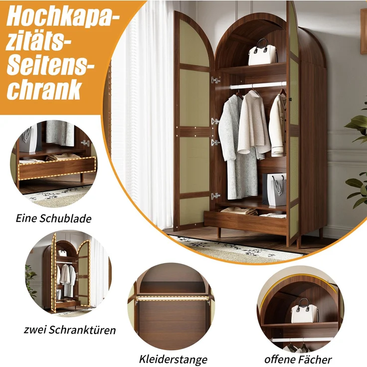 DESVIAE Garderobenschrank Walnuss aus MDF/Spanplatte – 80x179x50 cm – Rattantüren, Schubladen – Bild 4