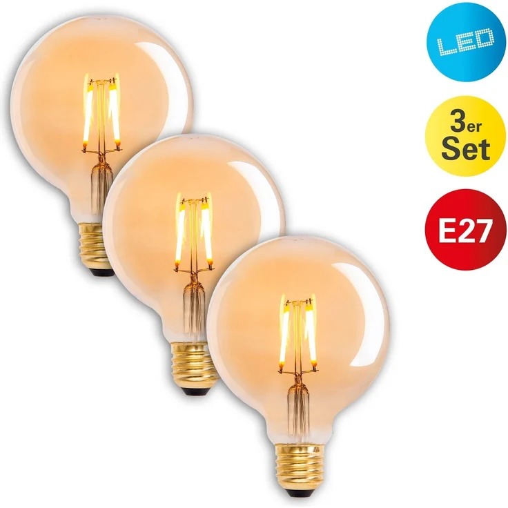 näve LED-Leuchtmittel Dilly, E27, 3 St, Warmweiß, Set of 3 LED bulbs, E27/4.1W "Dilly" Reto Kugel, Deko Globlampe – Bild 3