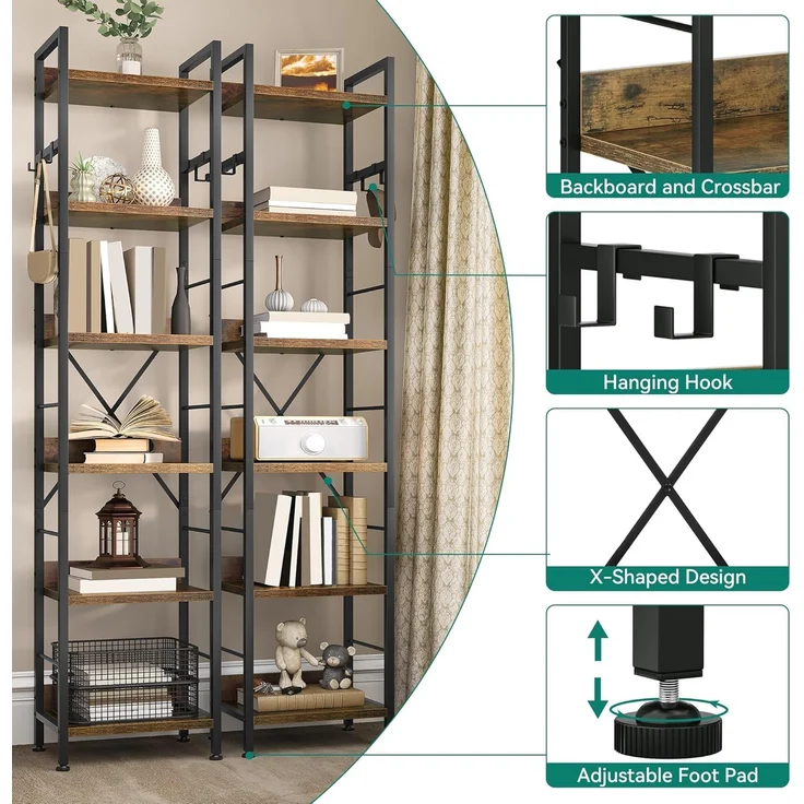 YITAHOME Bücherregal mit 6 Ebenen, bodenstehendes Bücherregal mit 4 Haken, Holzregal und Metallrahmen, Bücherregal, industrielles Hochregal, Aufbewahrung für Wohnzimmer, Heimbüro, Vintagebraun – Bild 5