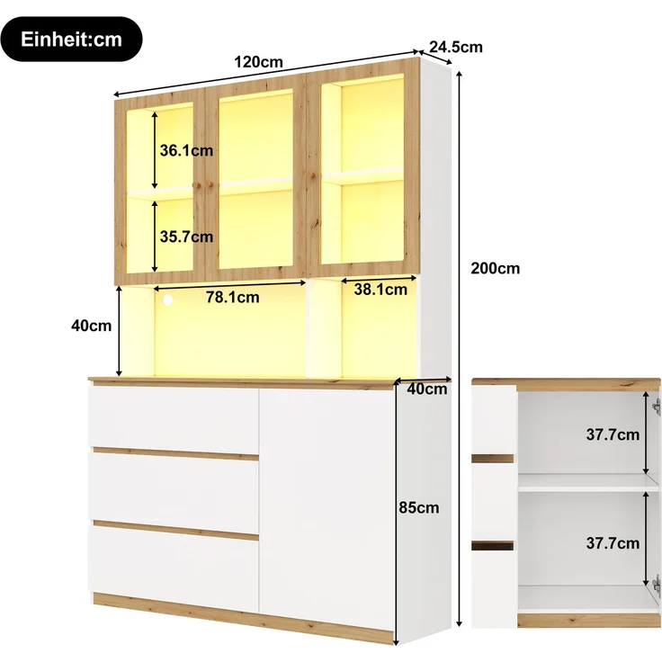 Hochschrank 200x120x24.5 cm mit LED, Glasvitrine, 3 Schubladen in Weiß/Eiche – Bild 5