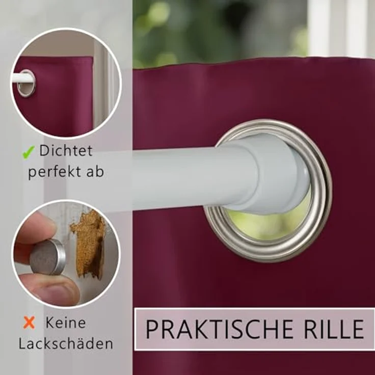 tinycurtains Türvorhang mit Stange weiß 70-120 cm Thermo Vorhang ohne Bohren, blickdicht, Ösen, verdunkelnd, Polyester, bordeaux rot Berry, Türgardine mit Klemmstange Raumtrenner Vorhang Tür – Bild 8