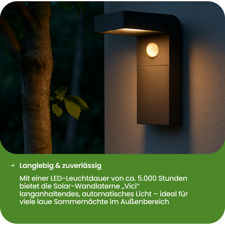 Star Solar LED Wandlaterne „Vici“ - mit Bewegungs- und Dämmerungssensor - 300 Lumen Lichtimpuls & sanftes Dauerlicht - Warmweiß - Für den Außenbereich - 20 cm Höhe - Schwarz – Bild 6