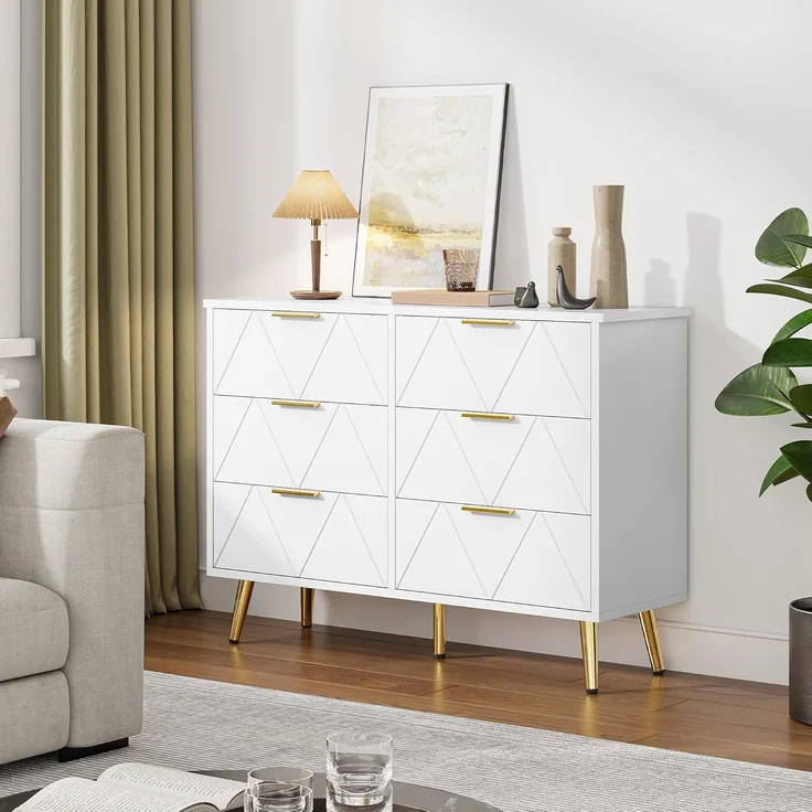 YITAHOME Kommode Schlafzimmer, Zeitgenössische 6 Schubladen, Schlafzimmermöbel, Breite Kommode Holz, Schlafzimmer Aufbewahrungseinheit, Schiebeschubladen, Büro Lounge Möbel Aufbewahrungsschrank, Weiß – Bild 2