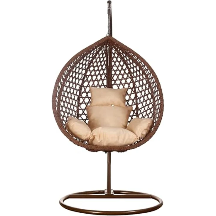 Luxus Hängesessel Style XXL Rattan Korb und Gestell Braun mit Relaxkissen Beige – Bild 2