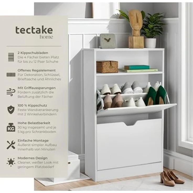 tectake Schuhschrank Schuhregal Calea mit 2 Kippfächern für 12 Paar Schuhe (Komplettset, 1-St, inkl. Schlüssel) für 12 Paar Schuhe – Bild 4
