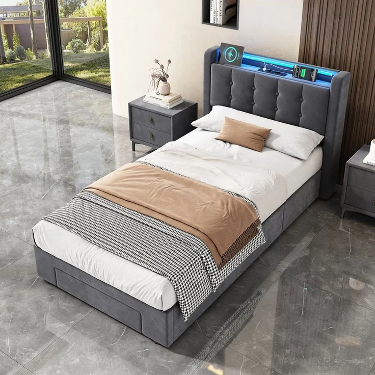 STILVORA Polsterbett 90×200 mit bettkasten,Bettgestelle Boxspringbett mit USB & LED-Licht (Funktionsbett mit Fernbedienung, Gepolsterter Rand, Samtstoff, Metallrahmen, Kompfort, Grau), Jugendbett ohne matratze, Stauraumbett für verschiedene Raumstile – Bild 1