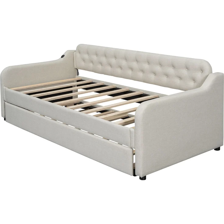 Schlafsofa 90x200 cm Tagesbett ausziehbar mit Rollbett,USB-Anschluss,mit Schlafgelegenheit, multifunktionales Gästebett,Beige – Bild 10