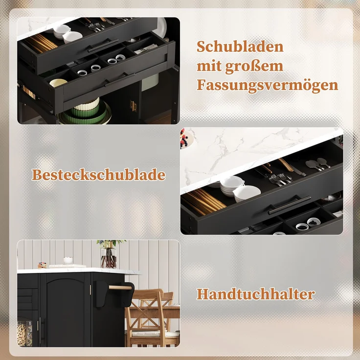 Merax 138cm Mobiler Kücheninsel mit klappbarem Arbeitsbereich, Küchenwagen, 5 Rädern, mehreren Aufbewahrungslösungen, Gewürzregal, Besteckschublade, Schwarz – Bild 8