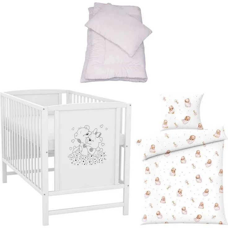 Baby-Delux Komplettbett Babybett Mia Komplettset, 7-tlg, Kinderbett 60x120 cm weiß, Bettset verschiedene Designs