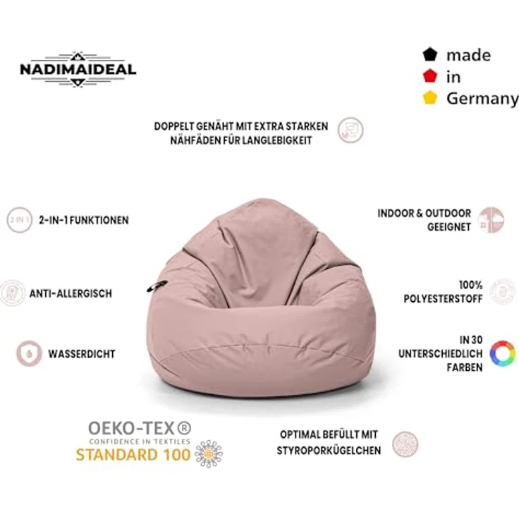 Nadimaideal Sitzsack Tropfenform Kastanie | Bodenkissen für Kinder & Erwachsene | Indoor & Outdoor | Gaming Sitzsack - Sitzkissen - Beanbag | Füllung EPS Perlen (Puderrosa, XXL-Durchmesser 88 cm) – Bild 8