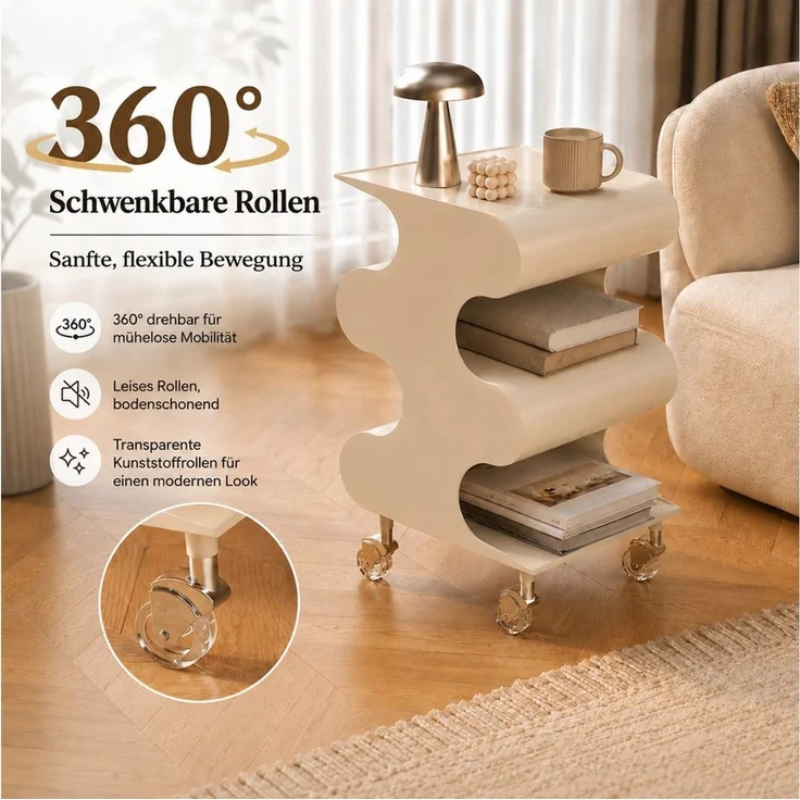 PEALOV Beistelltisch 3-stufiges Bücherregal, Aufbewahrungswagen mit 360° Rollen (1-St), Kleiner Nachttisch, Mehrzwecktisch aus Kunststoff – Bild 4