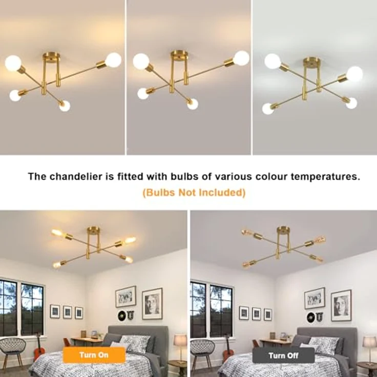 Goeco Vintage Deckenleuchte Kronleuchter E27 Fassung Max. 60W Industrielle 4 Fimmig Gold Deckenlampe Durchmesser 71 cm, Deckenlampen für Wohnzimmer Schlafzimmer Esszimmer, Glühbirnen Nicht Inbegriffen – Bild 3