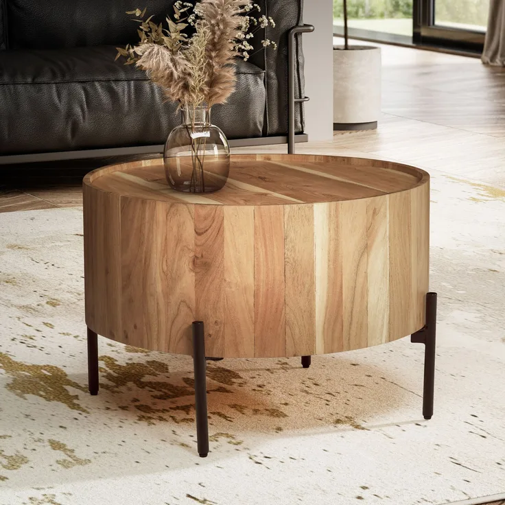 FINEBUY Couchtisch Couchtisch Sofatisch Akazie Massivholz 60 cm Rund Wohnzimmertisch (Kleiner Wohnzimmertisch, Sofatisch Metallgestell), Akazie Massivholz 60x60x41 cm, Kaffeetisch Rund