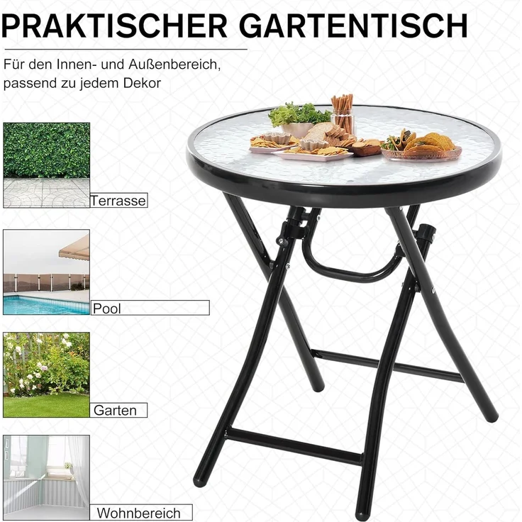 Outsunny Gartentisch Beistelltisch Bistrotisch mit Glasplatte rund klappbar Metall Ø45 schwarz – Bild 4